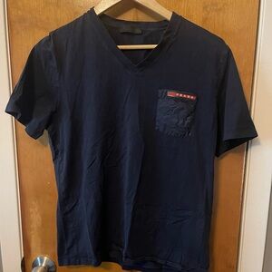 Prada Men's Dark Blue V-Neck Tee